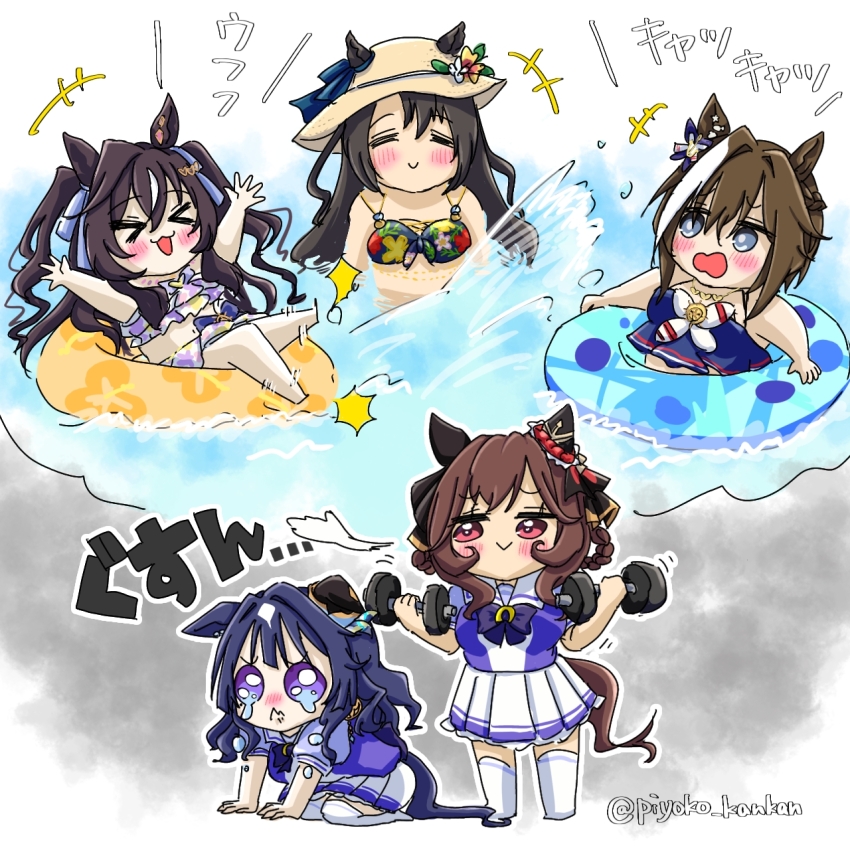 &gt;_&lt; 5girls animal_ears barbell bikini blue_bikini blue_ribbon blush bow bowtie braid braided_hair_rings brown_hair cheval_grand_(summer_calm_navy_drop)_(umamusume) cheval_grand_(umamusume) crying ear_covers ears_through_headwear floral_print floral_print_bikini flower gentildonna_(umamusume) hair_between_eyes hair_down hair_ribbon hair_rings hat hat_flower highres horse_ears horse_girl horse_tail horseshoe_ornament innertube multicolored_hair multiple_girls official_alternate_costume official_alternate_hairstyle piyoko_kankan pleated_skirt print_bikini puffy_short_sleeves puffy_sleeves purple_bow purple_bowtie purple_eyes purple_serafuku purple_shirt red_eyes ribbon ruffle_bikini sailor_collar sailor_shirt satono_crown_(sunny_island_splendor)_(umamusume) satono_crown_(umamusume) school_uniform serafuku shirt short_sleeves single_ear_cover skirt straw_hat streaked_hair summer_uniform sun_hat swim_ring swimsuit tail thighhighs tracen_school_uniform twitter_username umamusume v_sisters verxina_(umamusume) vivlos_(eclat_d&#039;ete)_(umamusume) vivlos_(umamusume) wavy_hair white_skirt white_streaks white_thighhighs