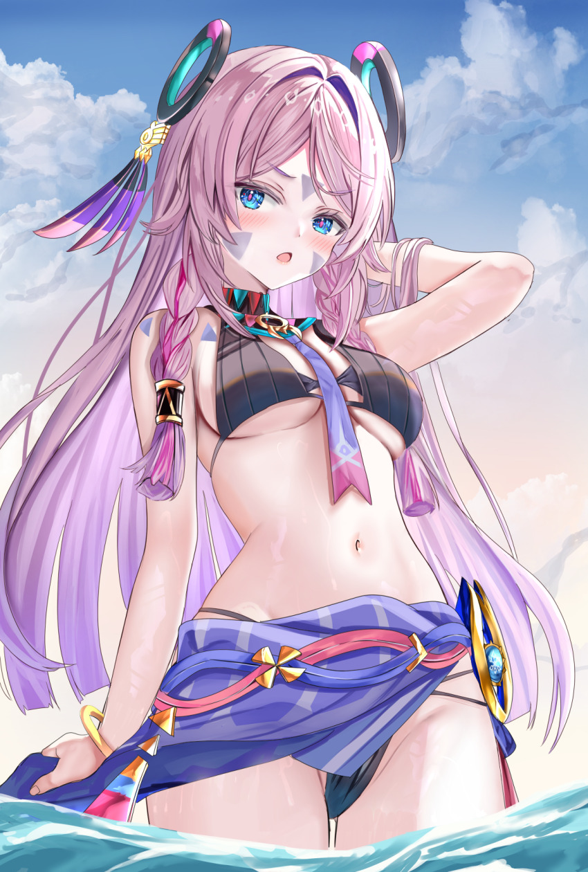 1girl adapted_costume aqua_collar arm_up bare_shoulders bikini black_bikini black_collar blue_eyes blush bracelet braid breasts citlali_(genshin_impact) cloud cloudy_sky collar commentary day facial_mark feathers floating_headgear forehead_mark genshin_impact gradient_necktie hair_intakes headgear highres jewelry long_hair mitsu336 navel necktie open_mouth outdoors pink_feathers pink_hair pink_necktie pink_pupils purple_feathers purple_necktie purple_sarong red_collar ribbed_bikini ring_hair_ornament sarong sky solo stomach swimsuit thighs triangle triangle_facial_mark usekh_collar vision_(genshin_impact)