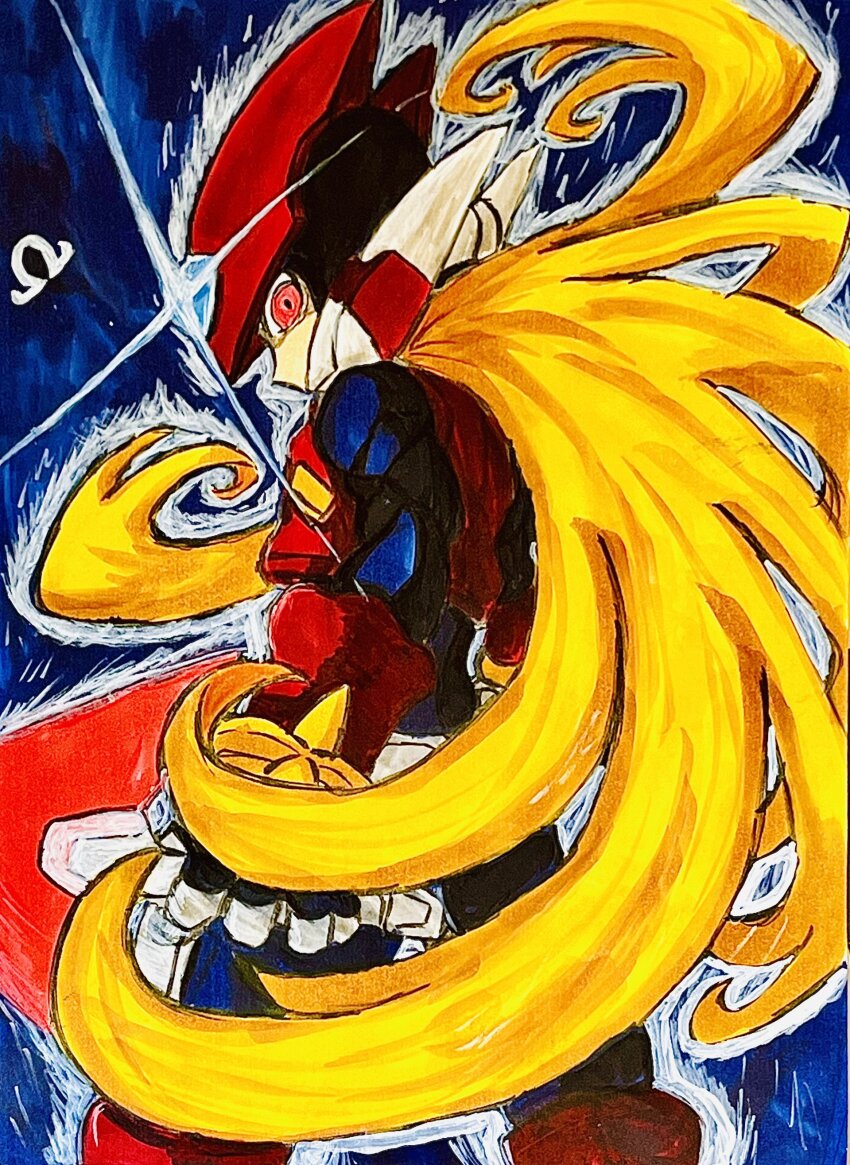 1boy absurdres android blonde_hair crop_top helmet highres holding holding_sword holding_weapon long_hair looking_at_viewer looking_back male_focus mega_man_(series) mega_man_zero_(series) mega_man_zero_3 omega_(mega_man) red_eyes solo sura17278109 sword traditional_media weapon