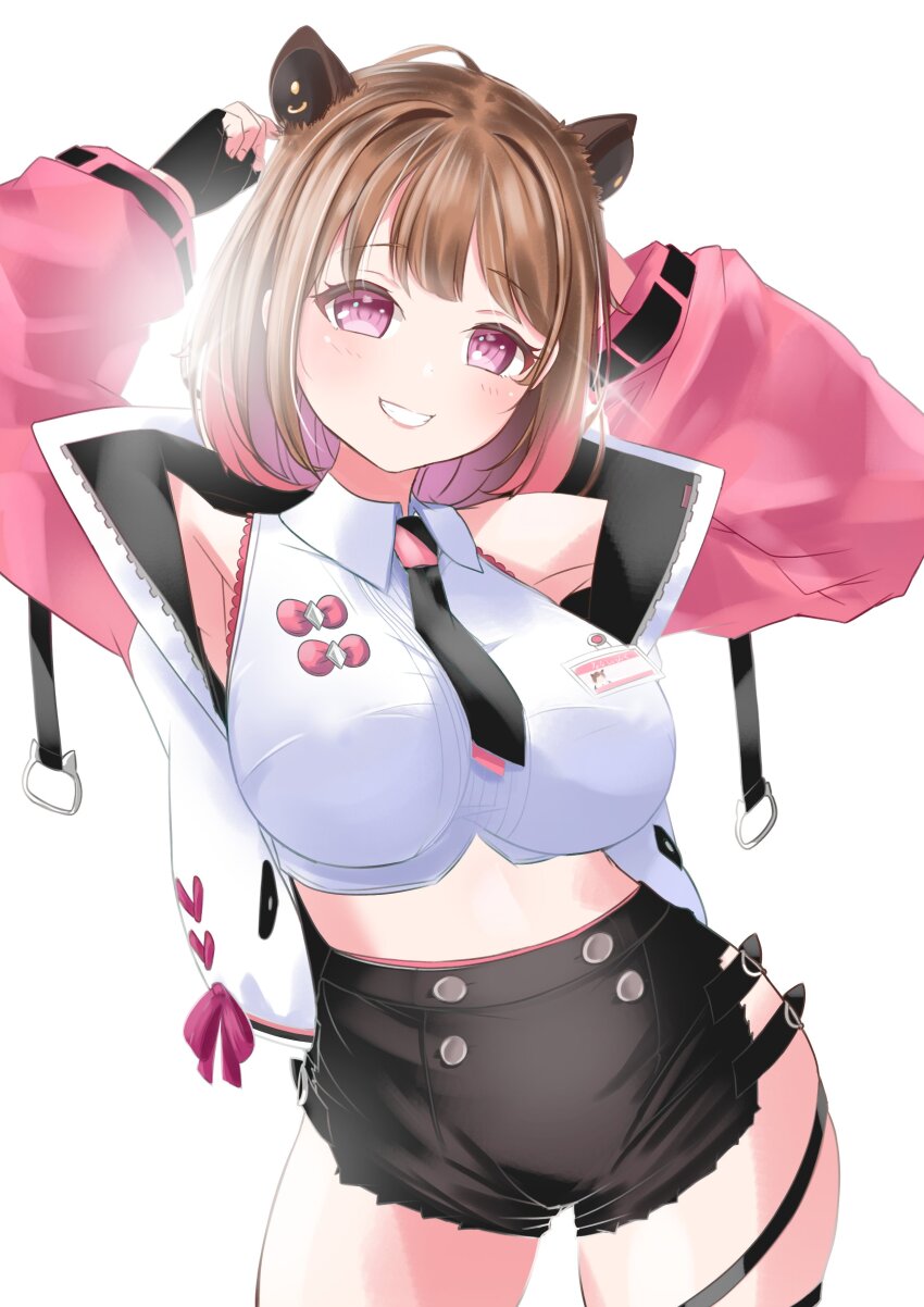 1girl absurdres animal_ears armpits black_gloves black_nails black_shorts blush breasts brown_hair buttons capybara_ears capybara_girl commentary_request contrapposto cowboy_shot crop_top fingerless_gloves gloves gradient_hair grin highres jacket large_breasts looking_at_viewer luigi_honda multicolored_hair nanashi_inc. open_clothes open_jacket pink_eyes pink_hair pink_sleeves shirt short_hair short_shorts shorts simple_background sleeveless sleeveless_shirt smile solo virtual_youtuber white_background white_jacket white_shirt yunohara_izumi