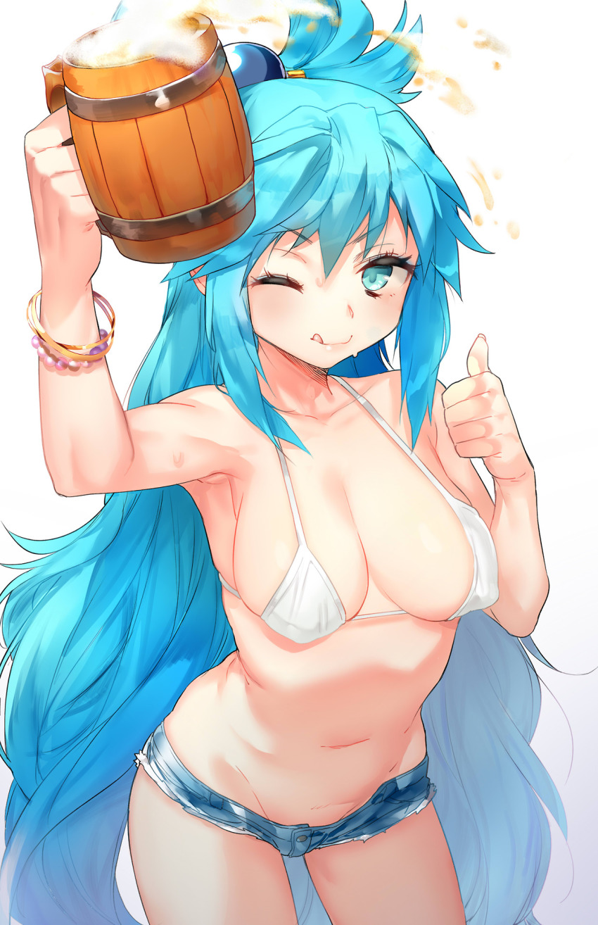 10s 1girl ;q alcohol aqua_(konosuba) armpits beer beer_mug bikini blue_eyes blue_hair blush bracelet breasts cleavage covered_erect_nipples cup cutoffs female_focus fingernails groin highres jewelry kono_subarashii_sekai_ni_shukufuku_wo! large_breasts long_hair looking_at_viewer md5_mismatch mug naso4 navel one_eye_closed resized short_shorts shorts simple_background smile solo swimsuit thumbs_up tongue tongue_out unbuttoned upscaled very_long_hair white_background white_bikini