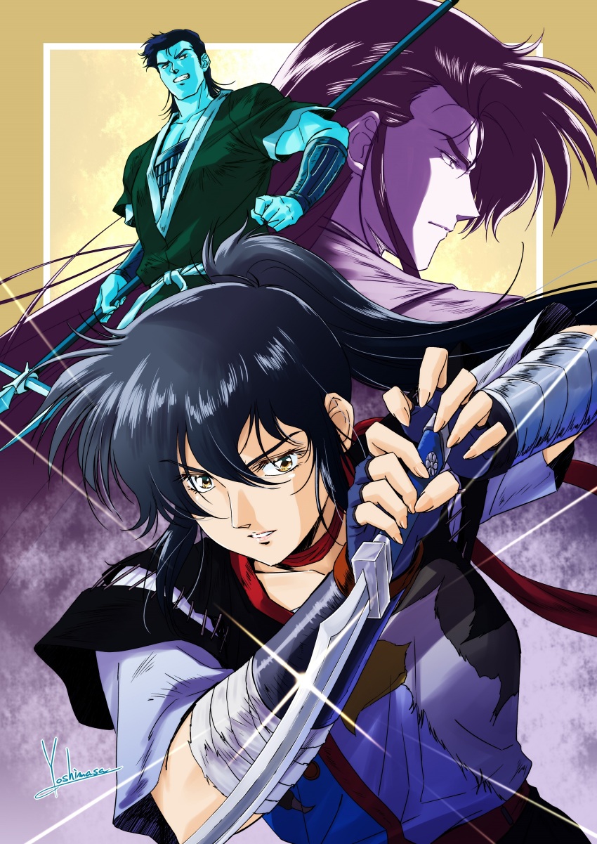 1girl 2boys absurdres armor artist_name bandaged_arm bandages black_hair blue_gloves bracer breasts brown_background choker clenched_teeth commentary fingerless_gloves glint gloves hair_between_eyes hayami_ayame hayate_sakon highres holding holding_knife japanese_clothes knife kogure_ryouma long_hair looking_at_viewer medium_breasts medium_hair multiple_boys ninja parted_lips pauldrons ponytail red_choker sengoku_kitan_youtouden short_sleeves shoulder_armor sidelocks signature teeth two-handed yellow_eyes yoshinaga_masahiro