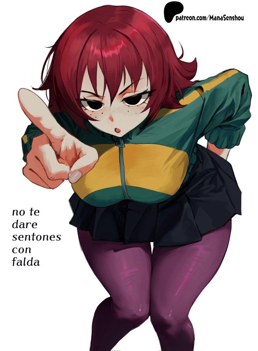 annoyed black_eyes black_skirt freckles highres index_finger_raised jacket kim_pine leaning_forward leggings mana_(manasenshou) multicolored_jacket pointing purple_leggings red_hair scott_pilgrim_(series) scott_pilgrim_takes_off short_hair skirt solid_circle_eyes spanish_commentary spanish_text two-tone_jacket white_nails