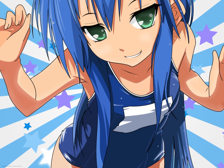 00s 1girl blue_hair derivative_work female_focus green_eyes highres izumi_kanata izumi_konata long_hair lucky_star naughty_face one-piece_swimsuit school_swimsuit smile solo star_(symbol) swimsuit third-party_edit vector_trace watermark wet