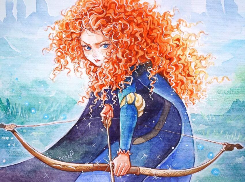 1girl arrow_(projectile) blue_cape blue_dress blue_eyes bow_(weapon) brave_(disney) brave_(pixar) cape commentary_request cowboy_shot curly_hair dress eyelashes freckles incoming_attack karin_park korean_commentary long_hair long_sleeves looking_at_viewer merida_(brave) orange_hair painting_(medium) signature solo traditional_media watercolor_(medium) weapon