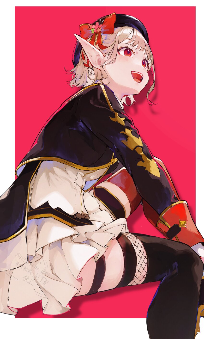 1girl absurdres beret black_hat black_jacket black_thighhighs border bow braid cropped_jacket elu_(nijisanji) feet_out_of_frame frilled_skirt frills from_below from_side gold_trim grey_hair hand_on_own_knee hashtag-only_commentary hat hat_bow highres jacket knee_up long_sleeves looking_to_the_side miniskirt mismatched_thighhighs multicolored_hair nashimisaki_futakotamagawa nijisanji nijisanji_idol_uniform open_mouth outside_border pink_background pointy_ears red_bow red_eyes red_hair red_thighhighs shirt short_hair sitting skirt sleeve_cuffs smile solo teeth thigh_strap thighhighs twitter_username two-tone_hair upper_teeth_only virtual_youtuber watermark white_border white_shirt white_skirt