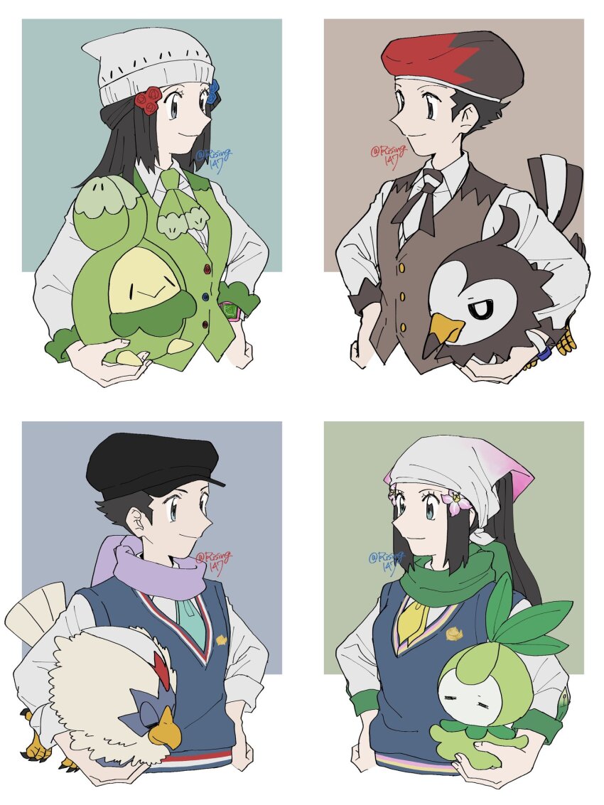 2boys 2girls akari_(pokemon) beanie beret black_hair black_hat budew dawn_(pokemon) flower gen_4_pokemon gen_5_pokemon green_scarf grey_eyes hair_flower hair_ornament hat highres lucas_(pokemon) multiple_boys multiple_girls nintendo official_alternate_costume petilil pokemon pokemon_dppt pokemon_legends:_arceus pokemon_masters_ex poketch purple_scarf rei_(academy)_(pokemon) rei_(pokemon) rising147 rufflet scarf starly watch wristwatch