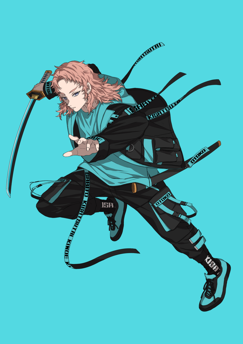 1boy absurdres alternate_costume black_jacket black_pants blue_eyes blue_shirt blue_shoes brown_hair character_name closed_mouth contemporary full_body highres holding holding_sword holding_weapon hood hood_down hooded_jacket jacket kake_hashi3 katana kimetsu_no_yaiba long_hair long_sleeves looking_at_viewer male_focus open_clothes open_jacket pants sabito sabito_(kimetsu) shirt shoes sneakers solo straight_hair sword weapon