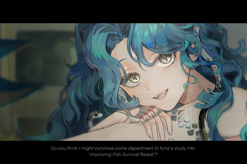 1girl :d absurdres animal aqua_hair bare_shoulders character_request check_character chinese_commentary commentary_request cross-shaped_pupils english_text fangs fingernails green_eyes hair_between_eyes hair_intakes highres hissabeth jewelry leaning leaning_forward letterboxed long_hair looking_at_viewer multiple_rings open_mouth painine reverse:1999 ring smile snake solo symbol-shaped_pupils teeth
