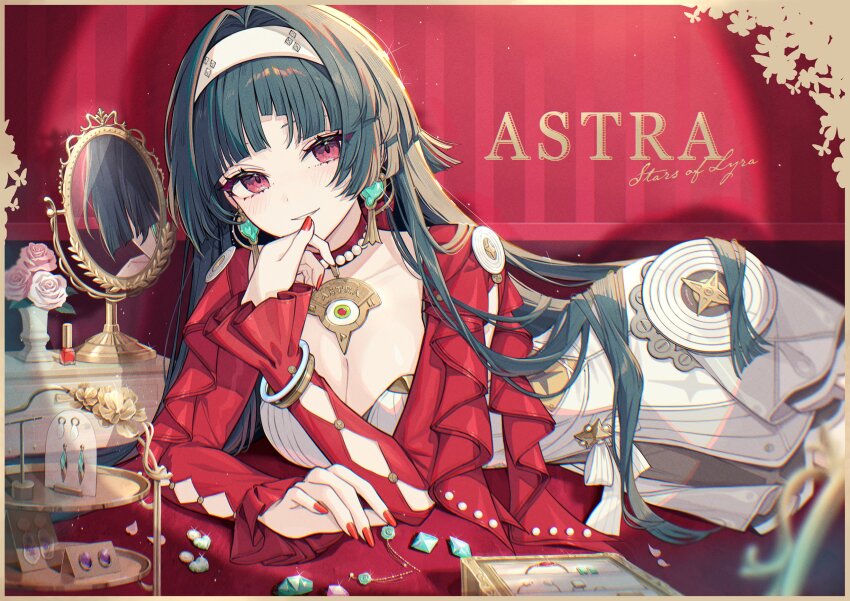 1girl akakura astra_yao black_hair breasts character_name cleavage commentary_request dress earrings flower gem hairband highres jacket jewelry large_breasts lying mirror necklace official_art on_side parted_lips pearl_necklace purple_eyes red_jacket red_nails second-party_source smile solo white_dress white_hairband zenless_zone_zero