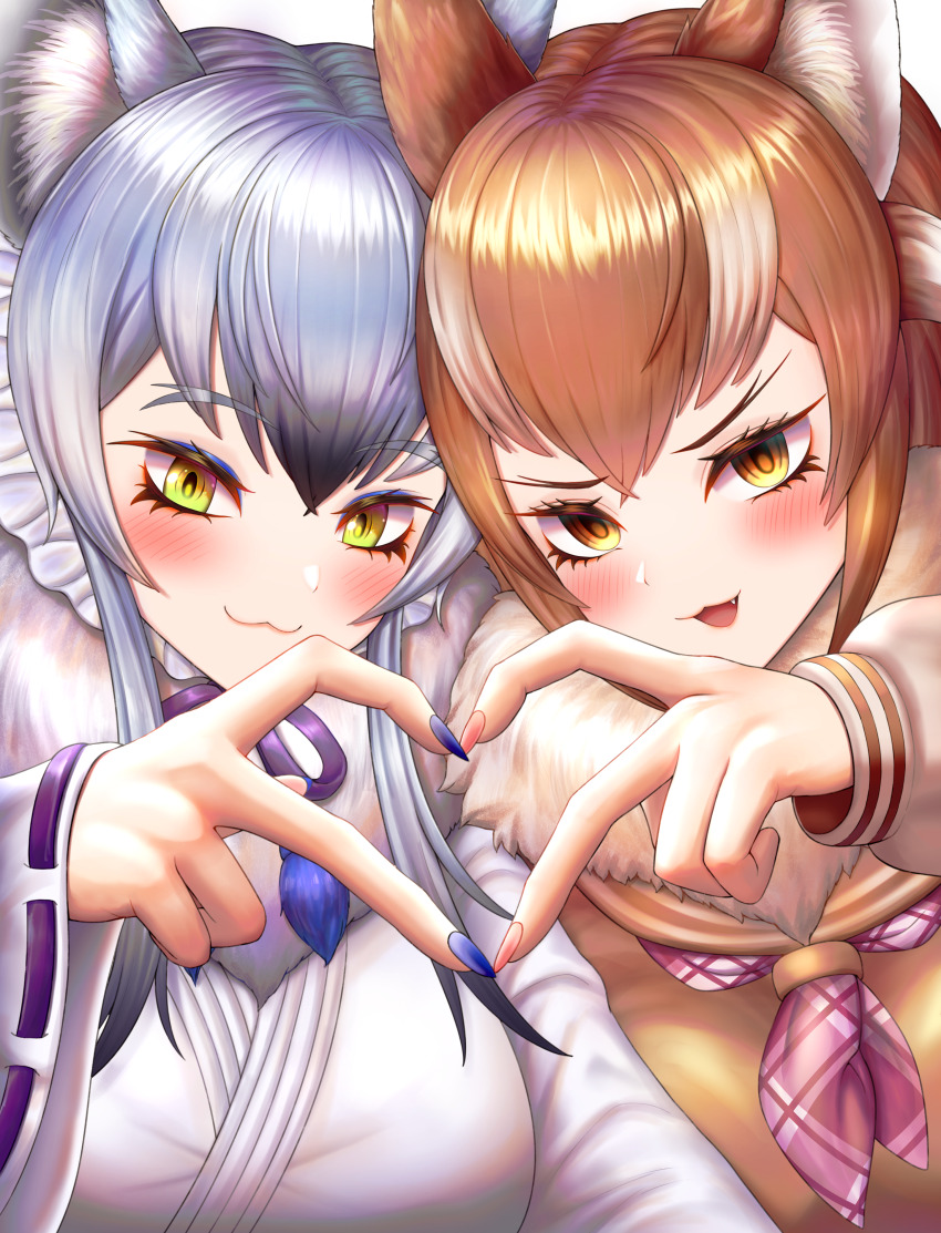 2girls :3 absurdres animal_ear_fluff animal_ears blush bone_necklace breasts brown_eyes brown_hair closed_mouth extra_ears fang forked_eyebrows fur_collar glowing glowing_hair grey_hair hair_between_eyes heart heart_hands heart_hands_duo highres japanese_wolf_(kemono_friends) kemono_friends kemono_friends_3 large_breasts long_hair long_sleeves looking_at_viewer makami_(kemono_friends) medium_breasts multicolored_hair multiple_girls neckerchief neukkom open_mouth plaid_clothes plaid_neckerchief short_hair_with_long_locks smile two-tone_hair white_hair wolf_ears wolf_girl yellow_eyes