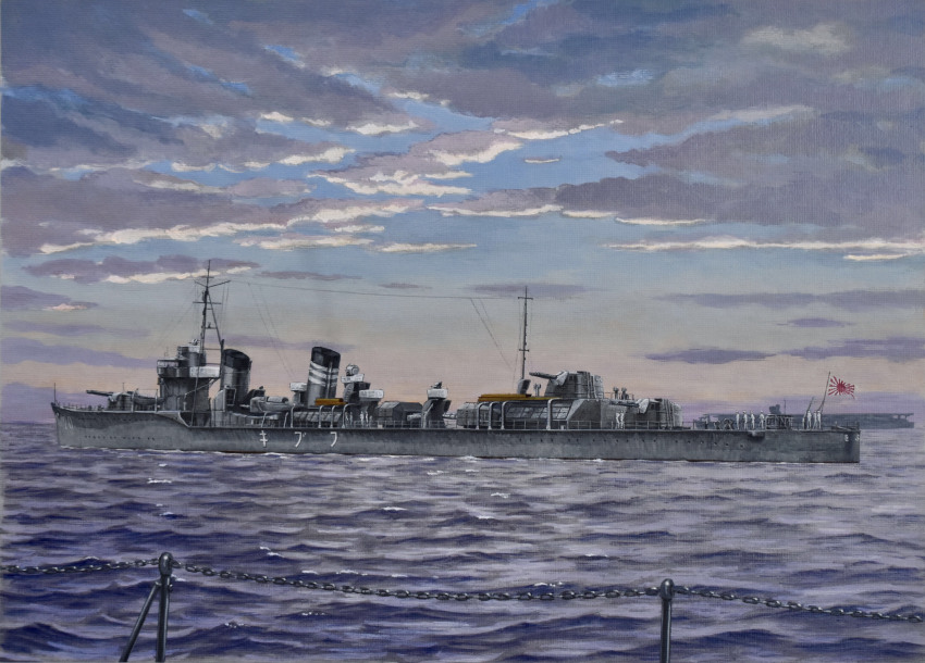 absurdres acrylic_paint_(medium) atelier_bono cannon destroyer flag fubuki_(destroyer) highres imperial_japanese_navy mast military_vehicle ocean original painting_(medium) rust sailor ship ship_turret shoukaku_(aircraft_carrier) sky smoke smokestack traditional_media vehicle_focus warship watercraft