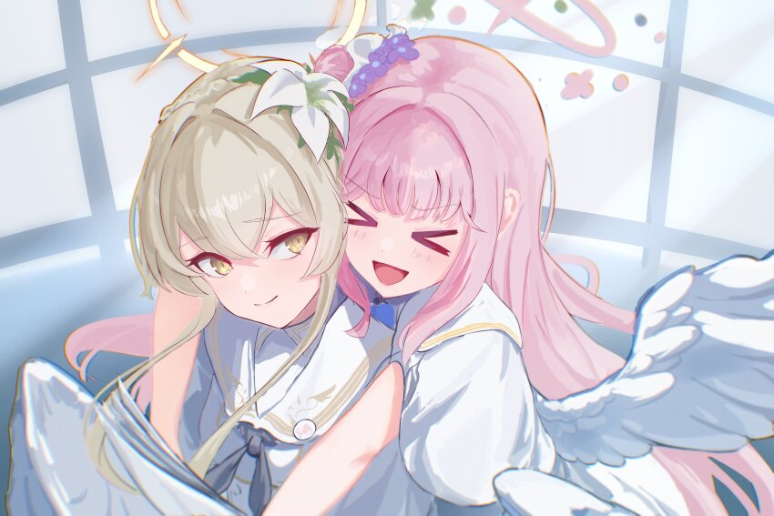 &gt;_&lt; 2girls :d absurdres black_neckerchief blonde_hair blue_archive blush capelet closed_eyes closed_mouth dress feathered_wings flower hair_flower hair_ornament hair_scrunchie highres hug hug_from_behind looking_at_another mika_(blue_archive) multiple_girls nagisa_(blue_archive) neckerchief open_mouth pink_hair purple_flower scrunchie seeyouu73 smile white_capelet white_dress white_flower white_scrunchie wings xd yellow_eyes