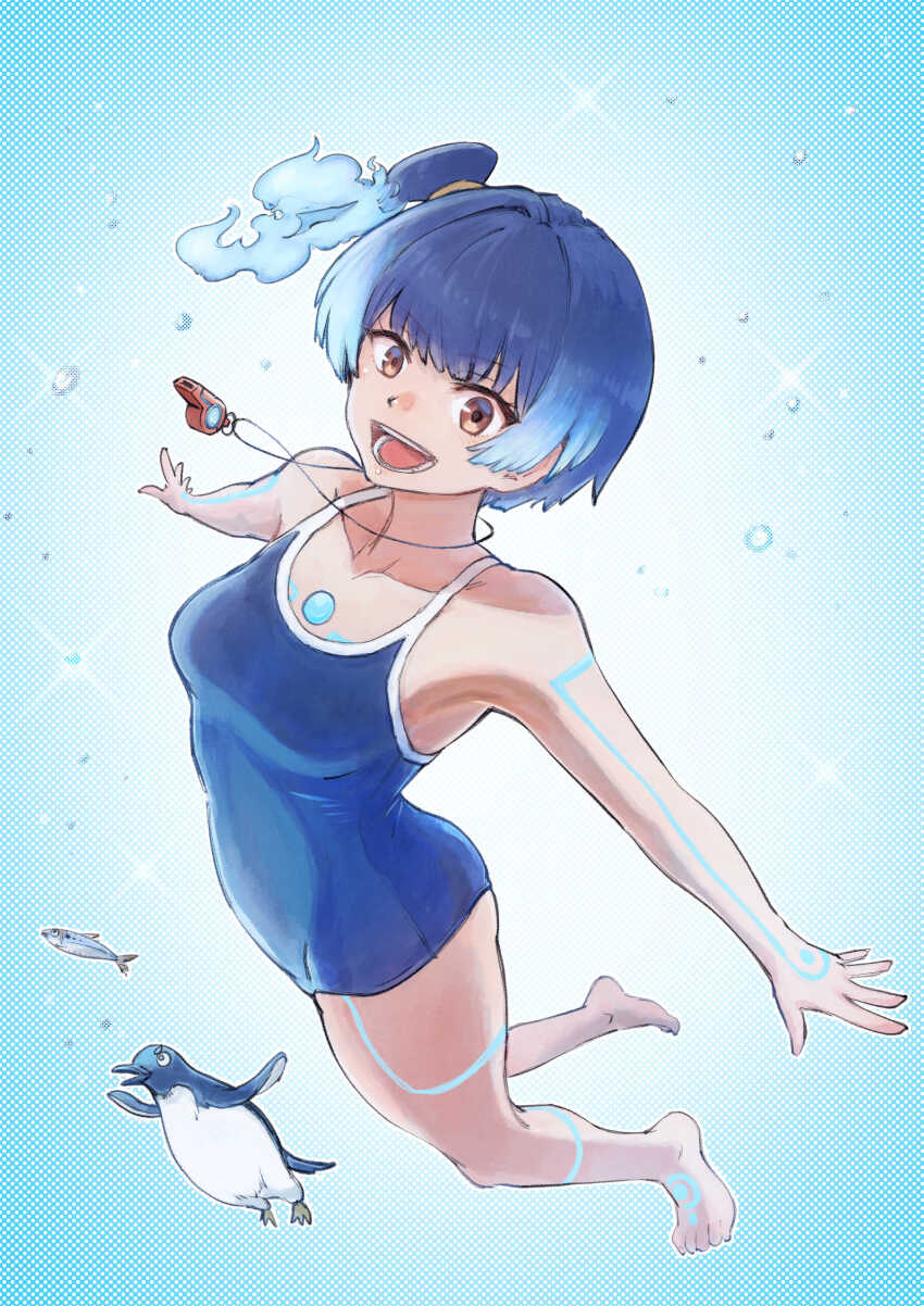 1girl :d absurdres alternate_costume barefoot ben-day_dots bird blue_hair blue_one-piece_swimsuit body_markings breasts brown_eyes chest_jewel commentary_request fiery_hair full_body glowing_lines glowing_markings highres looking_at_viewer nemimin old_school_swimsuit one-piece_swimsuit open_mouth penguin school_swimsuit screentones sena_(xenoblade) short_hair side_ponytail simple_background smile solo swimsuit toes underwater whistle whistle_around_neck xenoblade_chronicles_(series) xenoblade_chronicles_3