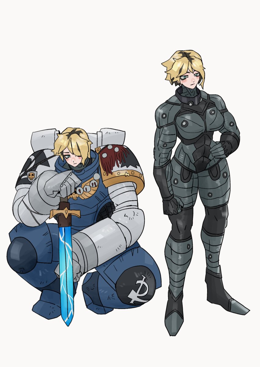 1girl absurdres adeptus_astartes armor blonde_hair blue_eyes breasts closed_mouth cobaltmarine commentary english_commentary highres holding holding_sword holding_weapon medium_breasts multiple_views pauldrons short_hair shoulder_armor simple_background squatting standing sword ultramarines warhammer_40k weapon white_background
