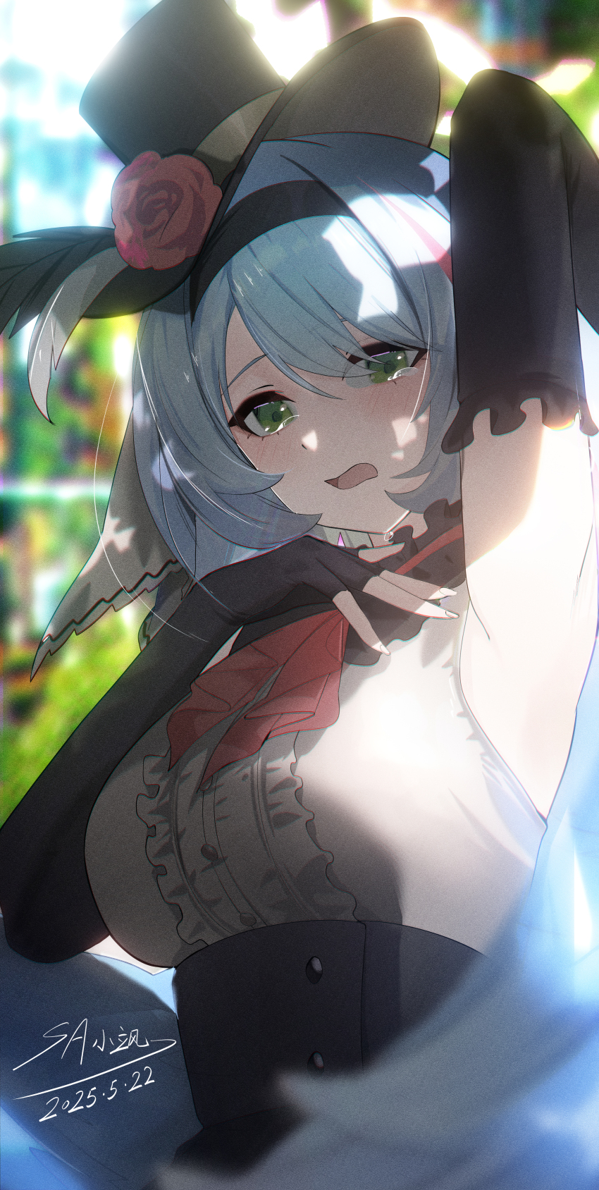 1girl absurdres arm_up armpits bare_shoulders black_gloves black_hairband black_hat black_skirt blue_archive blue_hair blush elbow_gloves flower gloves green_eyes grey_shirt hair_between_eyes hairband hat hat_feather hat_flower hayate_(1034853996) high-waist_skirt highres long_hair looking_at_viewer mine_(blue_archive) mine_(idol)_(blue_archive) official_alternate_costume open_mouth presenting_armpit red_flower shirt sidelocks skirt solo tears wings