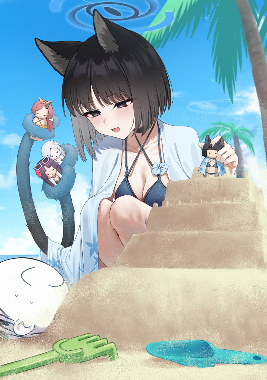 1boy 1girl absurdres bikini black_bikini black_choker black_hair black_tail blue_archive blue_bikini blue_halo blue_sky blue_tail blush breasts character_doll choker cleavage cloud cloudy_sky commentary_request criss-cross_halter day doll doodle_sensei_(blue_archive) gradient_tail halo halterneck haori highres japanese_clothes kikyou_(blue_archive) kikyou_(swimsuit)_(blue_archive) layered_bikini looking_at_another medium_breasts multiple_tails nagusa_(blue_archive) nagusa_(swimsuit)_(blue_archive) official_alternate_costume open_mouth partially_buried pizza_(pizzania_company) renge_(blue_archive) renge_(swimsuit)_(blue_archive) revision sand_sculpture sensei_(blue_archive) short_hair sky smile squatting sweat swimsuit tail two_tails white_haori yukari_(blue_archive) yukari_(swimsuit)_(blue_archive)