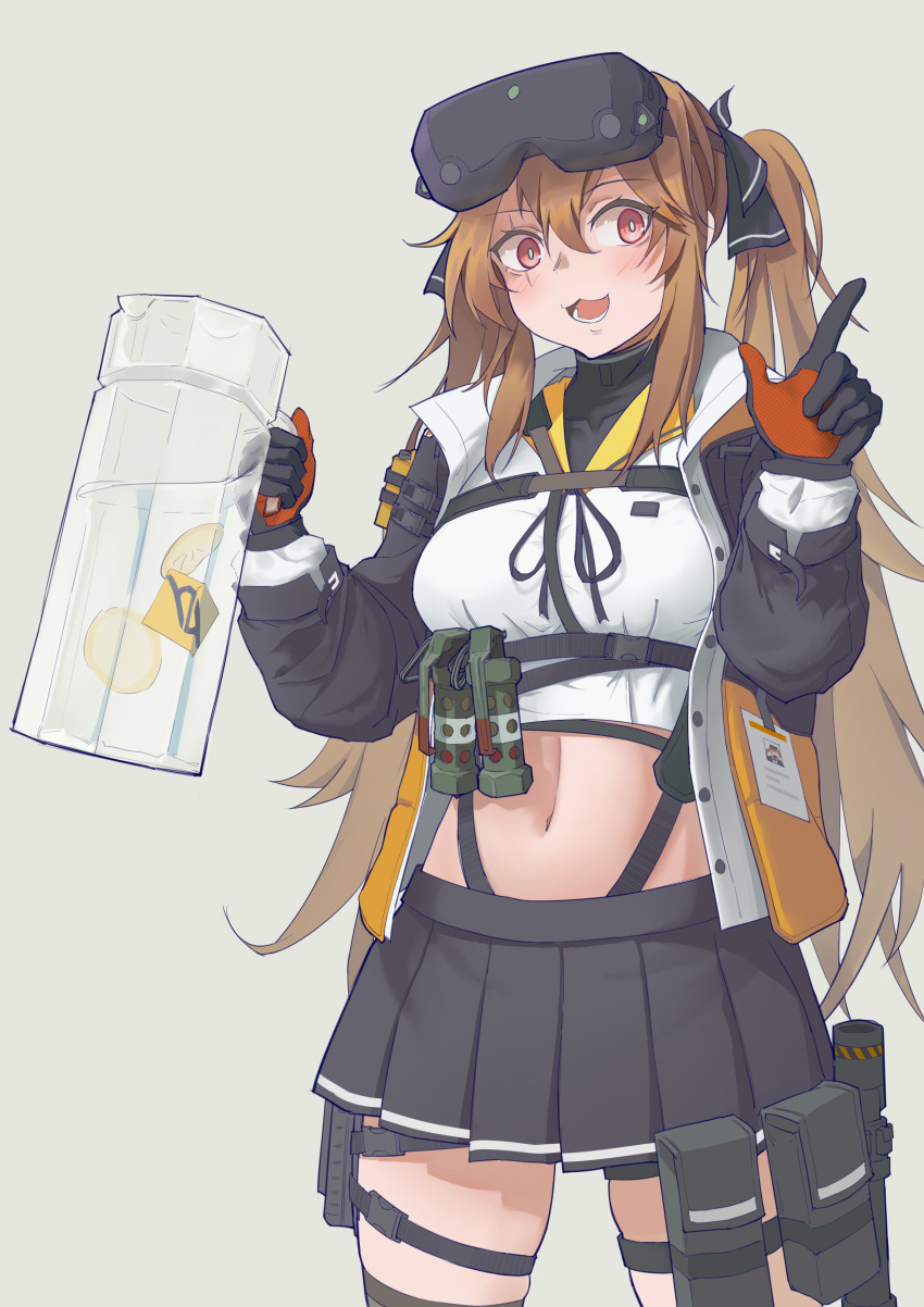 1girl 404_logo_(girls&#039;_frontline) :3 absurdres black_gloves black_skirt blush brown_hair commentary english_commentary flashbang food fruit girls&#039;_frontline gloves green_pupils grey_background head-mounted_display highres holding id_card kto_znaet lemon lemon_slice lower_teeth_only midriff navel open_mouth pleated_skirt pouch red_eyes red_gloves scar scar_across_eye scar_on_face skirt solo teeth twintails two-tone_gloves ump9_(girls&#039;_frontline) ump9_(mod3)_(girls&#039;_frontline)
