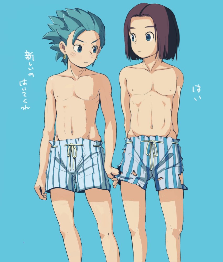 2boys besuyama black_hair blue_background blue_eyes blue_hair blue_male_underwear boxers camus_(dq11) dragon_quest dragon_quest_xi eye_contact groin hero_(dq11) highres looking_at_another male_focus male_underwear multiple_boys print_boxers print_male_underwear short_hair simple_background spiked_hair striped_boxers topless_male torn_clothes torn_legwear torn_male_underwear torn_underwear underwear underwear_only vertical-striped_boxers vertical-striped_male_underwear yaoi