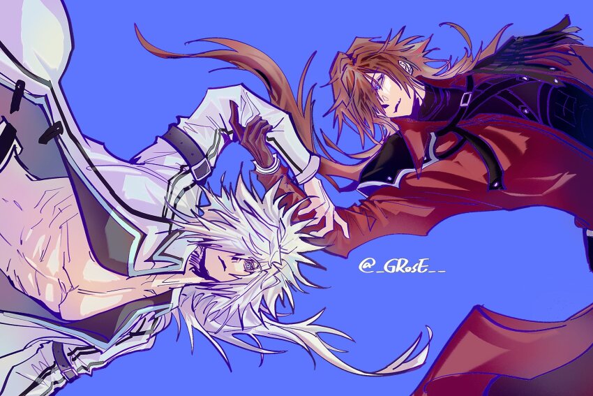 2boys abs aqua_eyes black_shirt blue_background brown_gloves brown_hair chest_strap closed_mouth coat dirge_of_cerberus_final_fantasy_vii final_fantasy final_fantasy_vii genesis_rhapsodos gloves grey_eyes grose hair_over_one_eye highres holding_another&#039;s_arm light_smile long_coat long_hair male_focus multiple_boys open_clothes open_coat pectorals red_coat shirt single_shoulder_pad spiked_hair turtleneck twitter_username upper_body weiss_the_immaculate white_coat white_hair