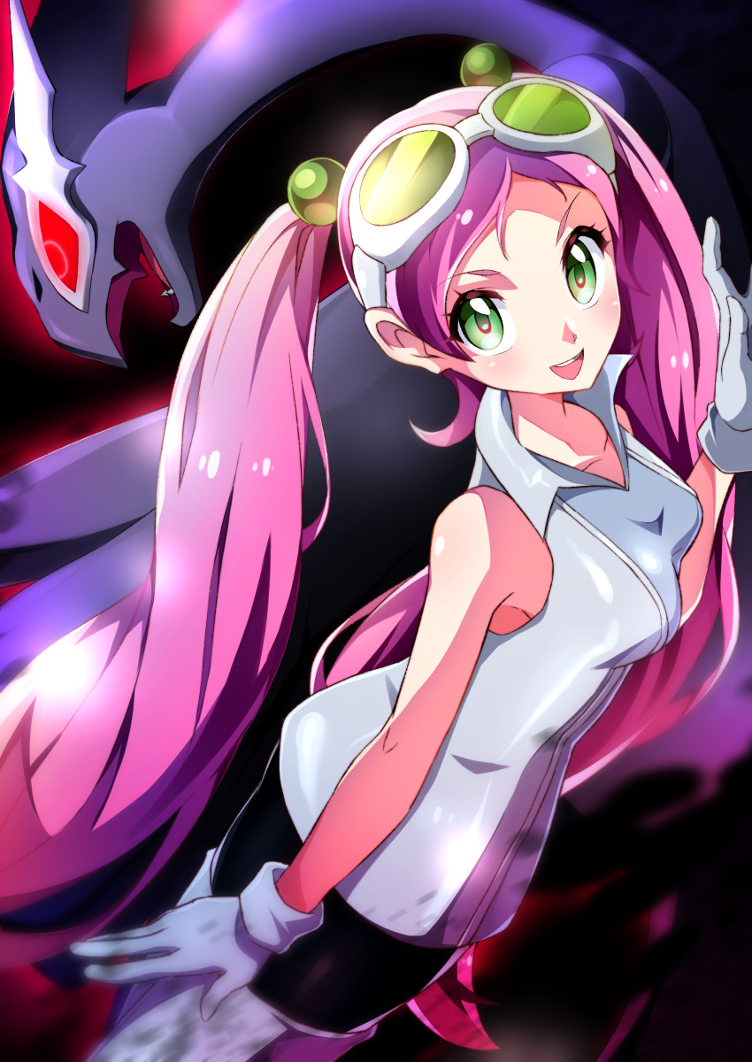 1girl :d absurdres bad_id bad_pixiv_id bare_arms blurry boots breasts collarbone collared_dress commentary_request dress eyelashes gen_2_pokemon gloves goggles goggles_on_head green_eyes highres legendary_pokemon long_hair looking_at_viewer lovrina_(pokemon) lugia miyama_(yakinikusushi_the_royal) nintendo open_mouth pokemon pokemon_(creature) pokemon_xd purple_hair shadow_lugia short_dress sleeveless sleeveless_dress smile teeth thigh_boots thighhighs tongue twintails white-framed_eyewear