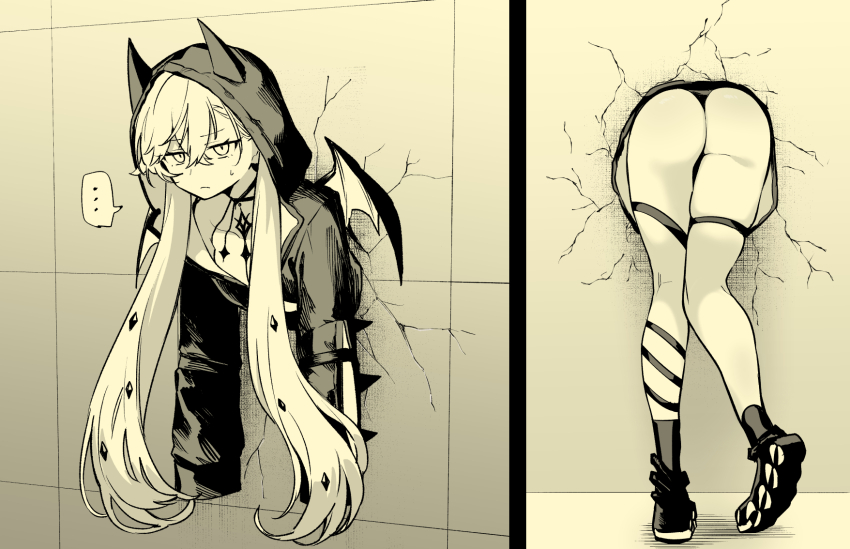 ... 1girl ass breasts choker demon_girl demon_horns demon_wings fate/grand_order fate_(series) greyscale highres hirunagi horns jacket lilith_(fate) long_hair long_sleeves looking_at_viewer monochrome multiple_views shoes sneakers thigh_strap through_wall wings