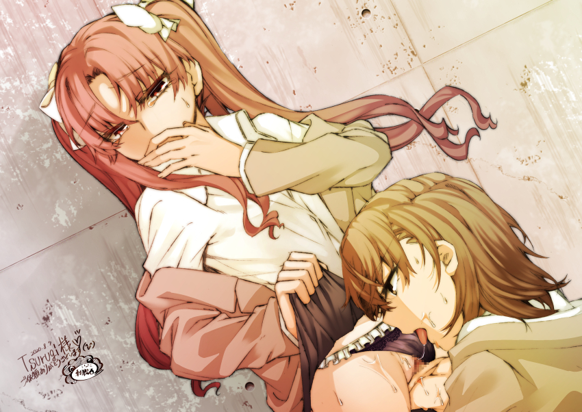 2girls absurdres blush bow brown_eyes brown_hair censored clothes_lift clothing_aside collared_shirt cunnilingus dated dress_shirt fingering hair_ornament hair_ribbon hand_to_own_mouth higashizukihi_sei highres jacket lace lace-trimmed_panties lace_trim long_hair long_sleeves lying medium_hair misaka_mikoto mosaic_censoring multiple_girls off-shoulder_jacket off_shoulder on_back open_clothes oral panties panties_aside pussy_juice ribbon school_uniform shirai_kuroko shirt sidelocks signature skirt skirt_lift sweat tears toaru_kagaku_no_railgun toaru_majutsu_no_index tokiwadai_school_uniform twintails two_side_up underwear very_long_hair white_shirt yuri