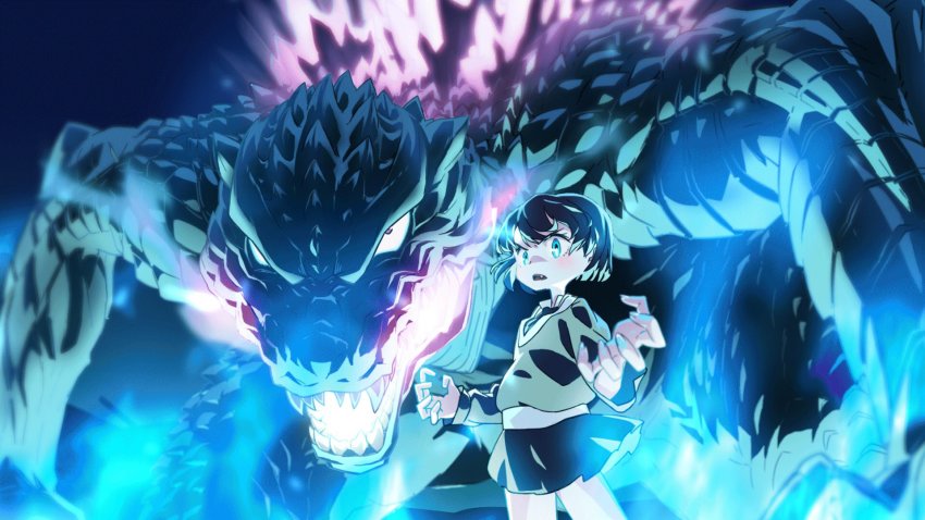 1girl all_fours atomic_breath blue_eyes blue_fire cotton_(artist) dinosaur embers energy epic fire giant giant_monster glowing glowing_mouth glowing_spikes godzilla godzilla_(series) hair_blowing highres kaiju kneeling looking_at_viewer monster open_mouth original pink_eyes pink_fire plasma purple_eyes purple_fire saegusa_miki_(godzilla) sea_monster sharp_teeth short_hair size_difference skirt spikes squatting teeth toho wind