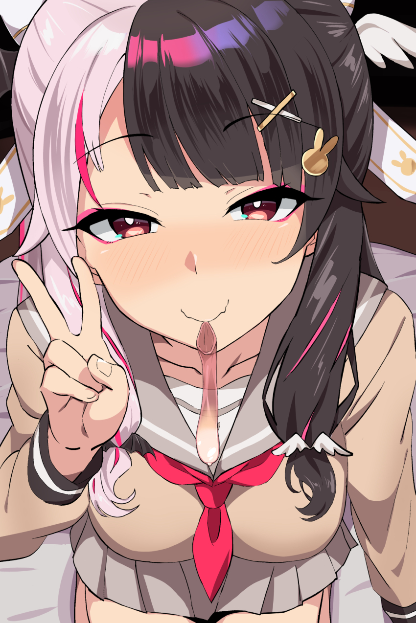 1girl black_hair blush breasts closed_mouth commentary_request commission condom condom_in_mouth eyeshadow from_above hair_ornament hair_ribbon highres large_breasts long_hair looking_at_viewer makeup mouth_hold multicolored_hair nijisanji official_alternate_costume on_bed paid_reward_available pink_eyeshadow pink_hair pleated_skirt rabbit_hair_ornament red_eyes ribbon school_uniform sexually_suggestive skeb_commission skirt smile solo split-color_hair streaked_hair tamaki_(tamakikan) two-tone_hair used_condom v virtual_youtuber white_hair x_hair_ornament yorumi_rena yorumi_rena_(9th_costume)