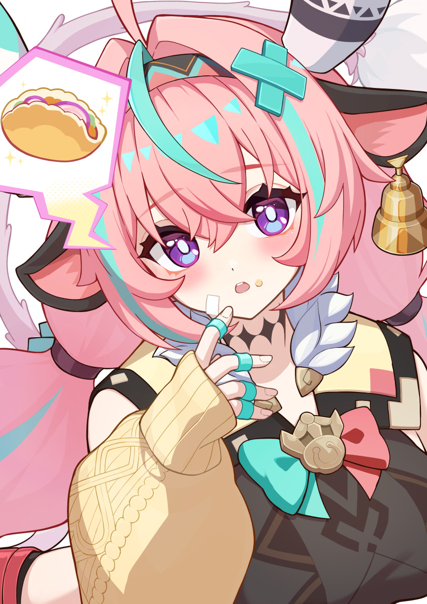 1girl absurdres ahoge animal_ears aqua_hair bell blush bow bright_pupils cow_ears cow_girl cow_horns cow_tail cowbell detached_sleeves fur_trim genshin_impact hair_between_eyes hair_ornament hairband highres horns looking_at_viewer multicolored_hair mutumumu open_mouth pink_hair purple_eyes solo sparkle speech_bubble spoken_food taco tail twintails upper_body varesa_(genshin_impact) yellow_sleeves