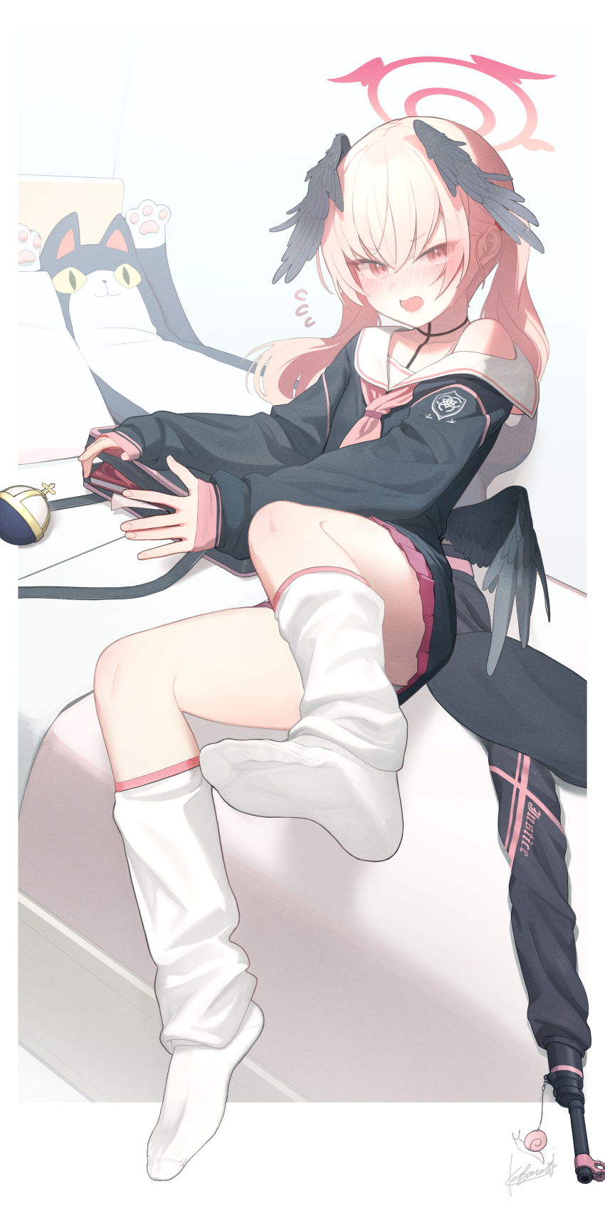 1girl absurdres black_feathers blue_archive blush bolt_action convenient_leg crossed_bangs embarrassed feathers feet gun hair_between_eyes halo head_wings highres holding holy_hand_grenade kabanoki koharu_(blue_archive) leaning_back legs long_hair long_sleeves looking_at_viewer loose_socks low_wings neckerchief no_shoes on_bed open_mouth p14_enfield pink_eyes pink_halo pink_neckerchief rifle sailor_collar school_uniform signature single_bare_shoulder sitting sleeves_past_wrists socks soles solo stuffed_animal stuffed_cat stuffed_toy thighs toes twintails weapon white_sailor_collar white_socks wings