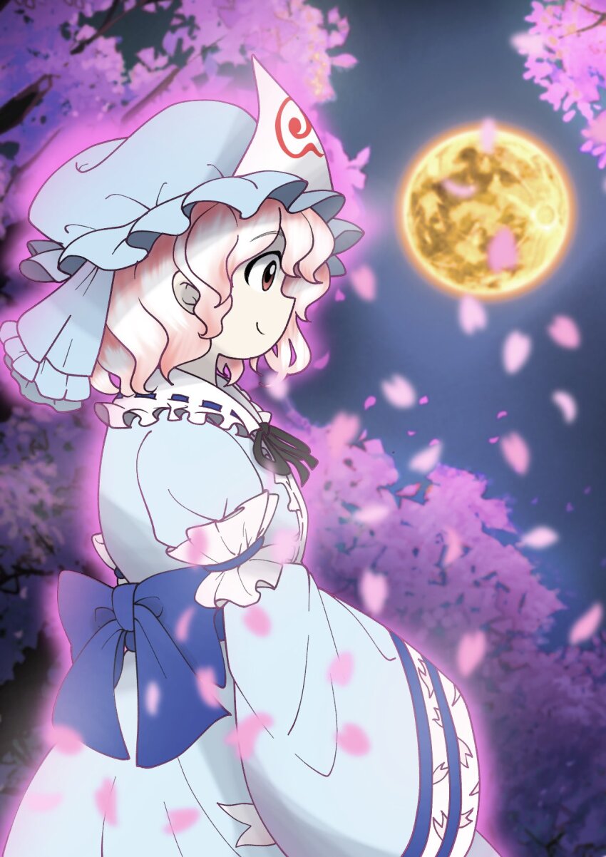 1girl black_bow blue_bow blue_hat blue_sleeves blue_veil blurry bow cherry_blossom_print cherry_blossoms closed_mouth commentary depth_of_field dress edwardmidori english_commentary floral_print frilled_dress frilled_garter frilled_hat frilled_veil frills from_side full_moon ghost glowing hat highres japanese_clothes kimono long_sleeves medium_hair mob_cap moon neck_ribbon night nose perfect_cherry_blossom petals pink_eyes pink_hair ribbon ribbon-trimmed_collar ribbon_trim saigyouji_yuyuko sash sleeve_garter smile solo spiral_print touhou tree triangular_headpiece veil waist_bow waist_sash wavy_hair wide_sleeves zun_(style)