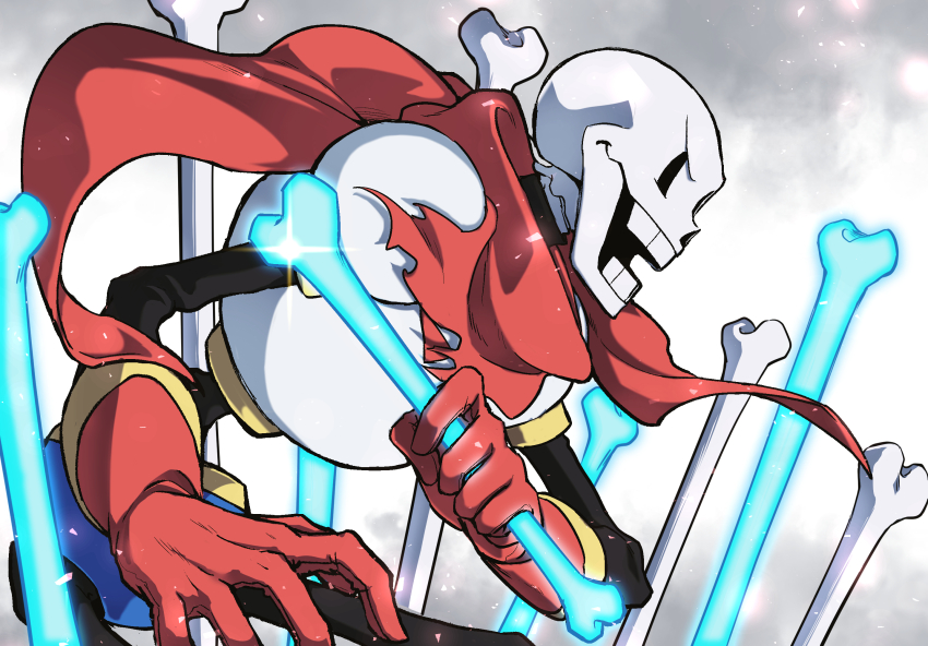 1boy ahin_vpv armor black_eyes bone cloud cloudy_sky fighting_stance gloves highres holding holding_bone male_focus open_mouth papyrus_(undertale) red_gloves red_scarf scarf skeleton sky smile solo teeth undertale upper_body white_armor