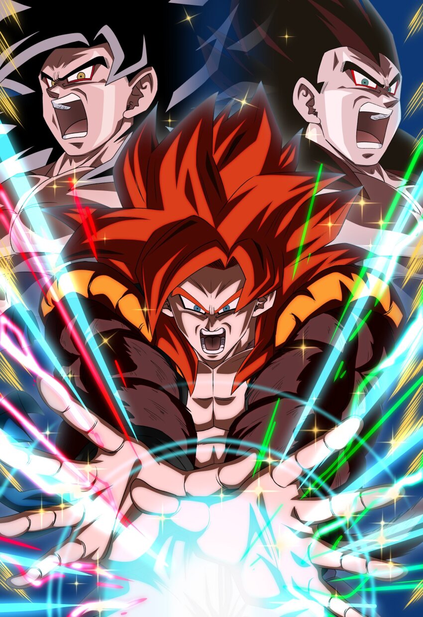 big_bang_kamehameha blue_eyes brown_hair dragon_ball dragon_ball_gt gogeta green_eyes highres kamehameha_(dragon_ball) muscular muscular_male red_hair son_goku super_saiyan super_saiyan_4 tagme tail vegeta yellow_eyes
