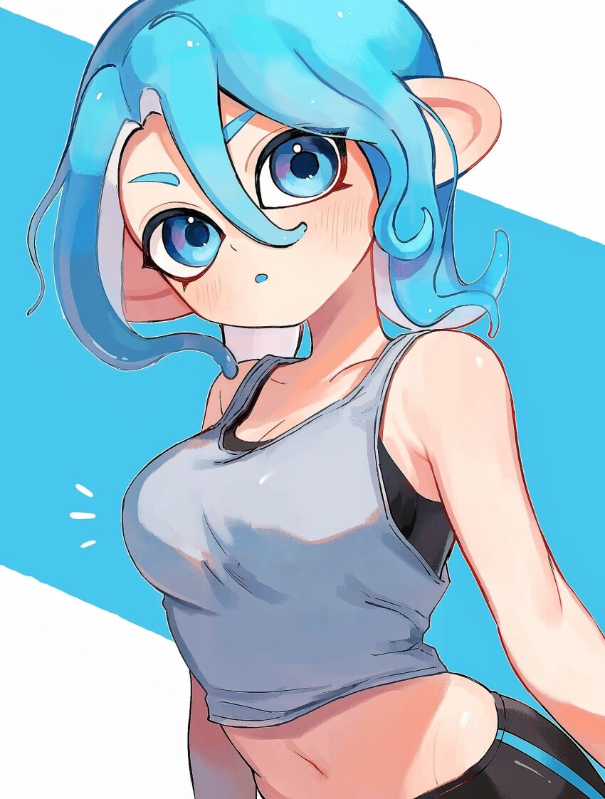 1girl armpit_crease bare_arms bare_shoulders bike_shorts black_bra black_shorts blue_eyes blue_hair blue_tongue bra bra_peek breasts cleavage collarbone colored_tongue commentary_request crop_top grey_shirt hair_between_eyes highres kodak_painter looking_at_viewer medium_hair midriff navel nintendo notice_lines octoling octoling_girl octoling_player_character parted_lips shirt shorts solo splatoon_(series) tentacle_hair underwear