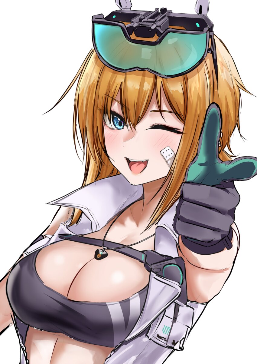 1girl ;d absurdres arm_up bandaid bandaid_on_cheek bandaid_on_face bare_shoulders black_gloves black_sports_bra blonde_hair blue_eyes breasts chest_harness cleavage collarbone commentary_request dress eyewear_on_head finger_gun gloves goddess_of_victory:_nikke green_gloves hair_between_eyes harness highres jewelry kotori_ukuwa large_breasts light_blush looking_at_viewer maxwell_(nikke) necklace official_alternate_costume one_eye_closed open_mouth short_hair short_hair_with_long_locks sidelocks simple_background sleeveless sleeveless_dress smile solo sports_bra standing teeth two-tone_gloves upper_body upper_teeth_only white_background white_dress