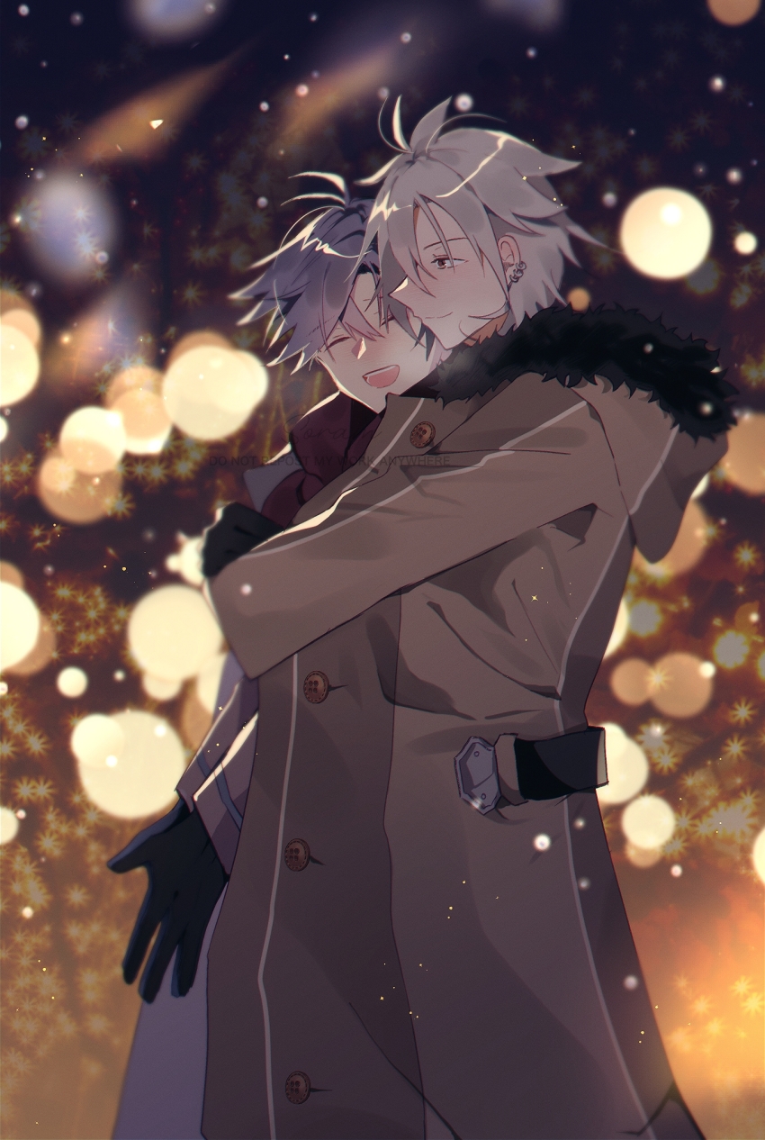 2boys black_gloves blue_hair closed_eyes closed_mouth coat commentary commentary_request crow_armbrust eiyuu_densetsu english_commentary fur-trimmed_coat fur_trim gloves grey_coat grey_hair highres male_focus medium_hair mixed-language_commentary multiple_boys open_mouth outdoors parang_(its_me_ovo) rean_schwarzer sen_no_kiseki_(series) sen_no_kiseki_i smile standing watermark