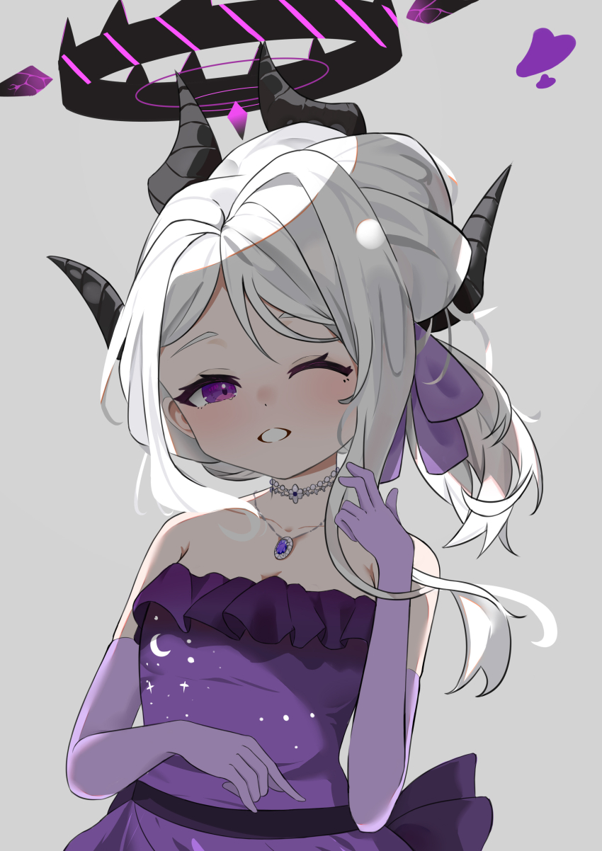 1girl absurdres black_halo blue_archive breasts demon_girl demon_horns dress earrings elbow_gloves evening_gown faux_lapin gloves halo heart highres hina_(blue_archive) hina_(dress)_(blue_archive) horns jewelry long_hair looking_at_viewer necklace pendant purple_dress purple_eyes purple_gloves small_breasts smile solo upper_body white_hair