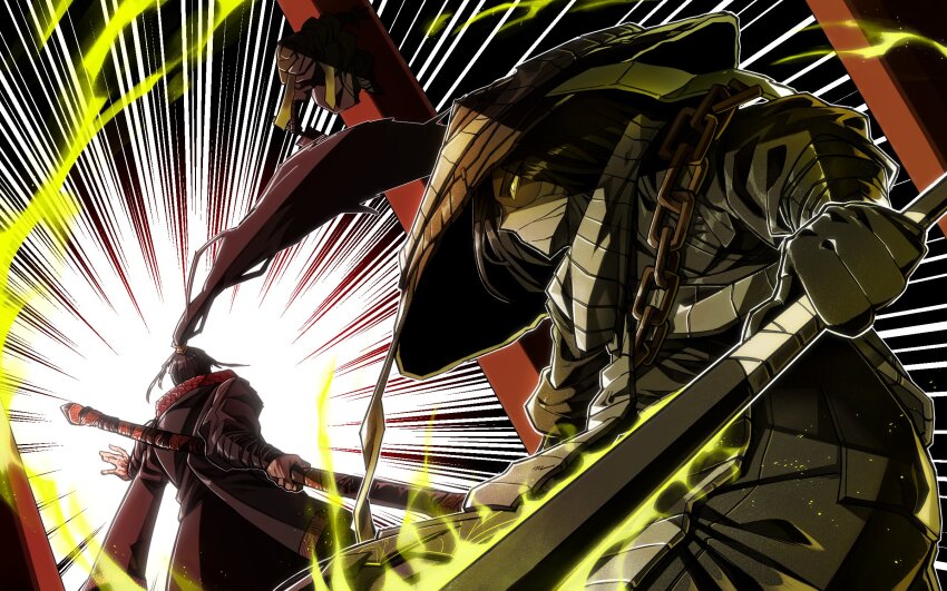 1boy 1girl 1other atmospheric_perspective bandaged_head bandages black_gloves black_hanfu chain chinese_clothes column curtained_hair ehdbs1198 gloves hair_ornament hanfu hat high_ponytail highres holding holding_behind_back holding_staff holding_weapon_behind_back incoming_attack jacket jacket_on_shoulders jia_qiu_(project_moon) light_particles limbus_company motion_lines outline outstretched_hand pillar ponytail project_moon red_scarf scarf staff straw_hat twisted_torso white_outline white_scarf zilu_(project_moon)