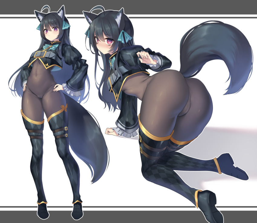 1girl ahoge animal_ear_fluff animal_ears argyle_clothes ass black_hair black_shrug blush bodystocking boots breasts cameltoe collared_shrug covered_navel full_body hair_between_eyes hands_on_own_hips koikawa_minoru legs long_hair looking_at_viewer looking_back multiple_views no_panties original purple_eyes pussy shrug_(clothing) small_breasts standing svartlilja_(vrchat) tail thighhighs vrchat wolf_ears wolf_girl wolf_tail