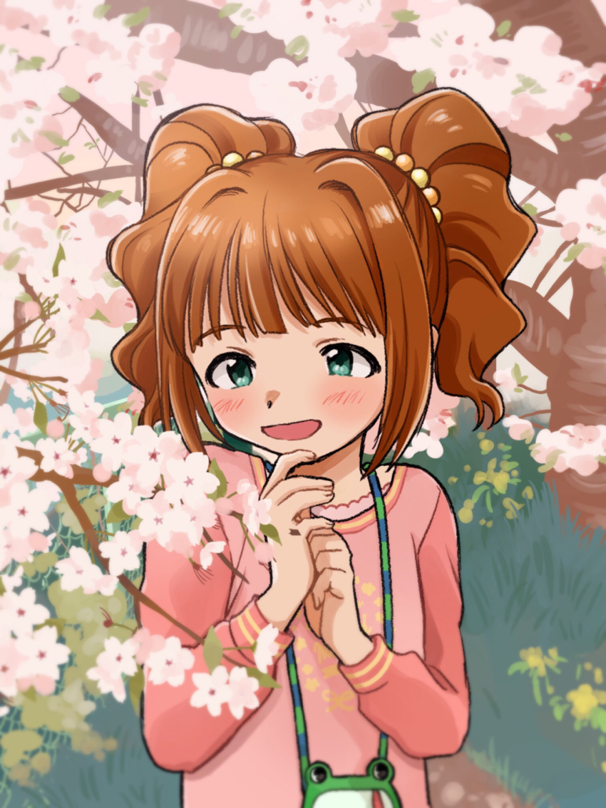 1girl aqua_eyes blush brown_hair cherry_blossoms day hands_up highres idolmaster idolmaster_(classic) long_sleeves naruse_ill open_mouth outdoors pink_shirt shirt smile solo takatsuki_yayoi tree twintails upper_body