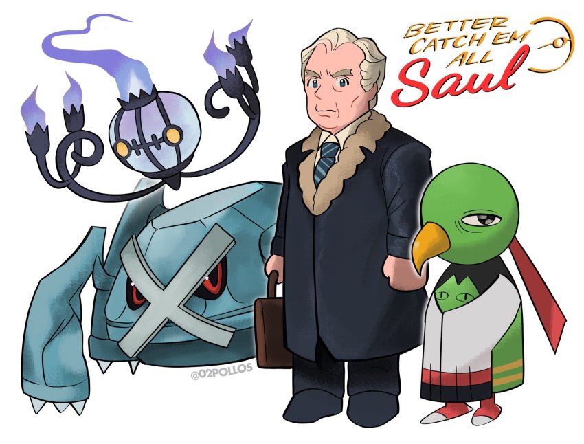 1boy 2002_(02pollos) animification better_call_saul black_jacket black_sclera blonde_hair blue_necktie breaking_bad briefcase chandelure charles_mcgill clenched_hand collared_shirt colored_sclera commentary crossover english_commentary fur_trim gen_2_pokemon gen_3_pokemon gen_5_pokemon hair_behind_ear highres holding holding_briefcase jacket logo_parody metagross necktie nintendo pokemon pokemon_(creature) red_eyes shirt twitter_username white_shirt xatu