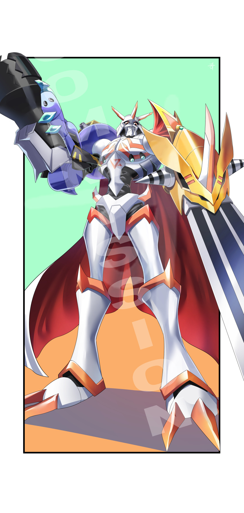 absurdres cannon digimon digimon_(creature) fusion highres looking_at_viewer omegamon original shadow solo sword victorygreymon weapon z&#039;dgarurumon