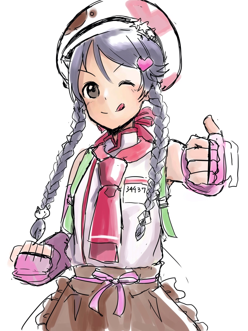 1girl absurdres apron armpits artist_request bare_shoulders black_hair braid brown_eyes clenched_hands collared_shirt elbow_gloves female_focus fingerless_gloves flat_chest gloves hair_between_eyes hair_ornament hairclip hand_up happy hat heart heart_hair_ornament highres id_card idol idolmaster idolmaster_cinderella_girls long_hair looking_at_viewer miyoshi_sana namco neck number_print one_eye_closed parted_bangs shirt simple_background sleeveless sleeveless_shirt smile standing thumbs_up tongue tongue_out traditional_media twin_braids v-shaped_eyebrows waist_apron white_background wink