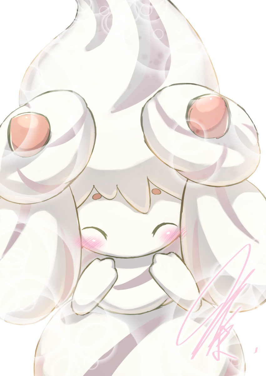 1girl absurdres alcremie animal_hands blurry blush bokeh clenched_hands closed_eyes colored_skin depth_of_field facing_viewer game_freak gen_8_pokemon happy highres mitsukuma448 nintendo pokemon pokemon_(creature) signature simple_background smile upper_body white_background white_skin