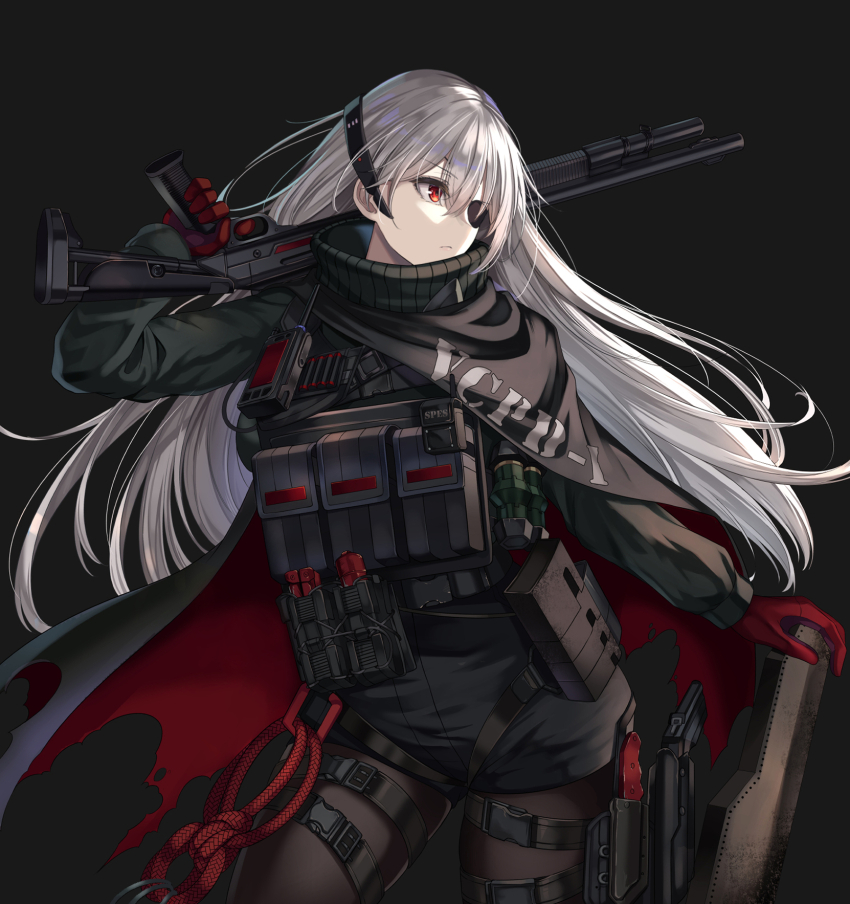 12-gauge ammunition benelli_m4_super_90 black_background black_pantyhose black_skirt cenangam evelyn_(neural_cloud) eyepatch girls&#039;_frontline girls&#039;_frontline_neural_cloud gloves green_shirt gun handgun highres holding holding_gun holding_weapon knife long_hair m1014 pantyhose pistol red_eyes red_gloves semi-automatic_shotgun shirt shotgun shotgun_shell simple_background skirt weapon white_hair