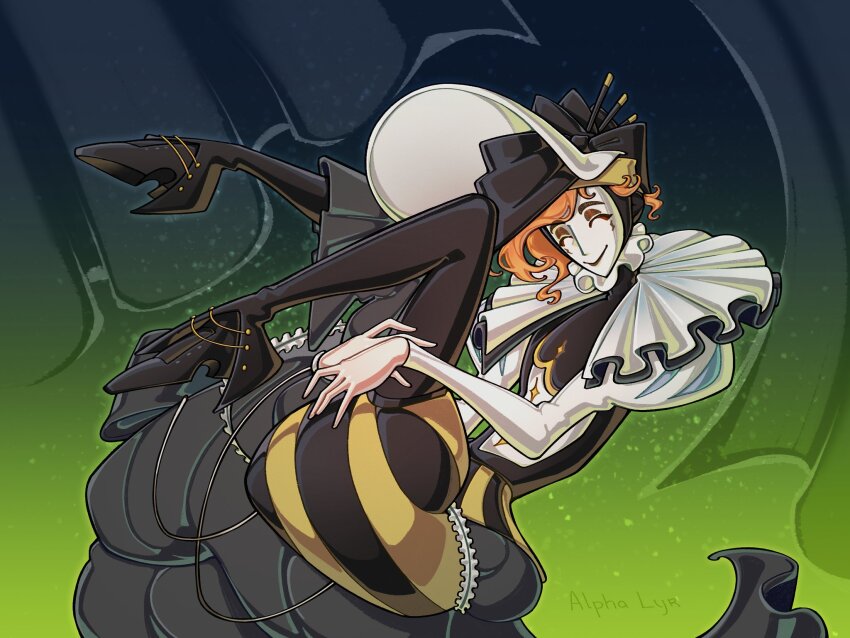 1other alpha_lyr ambiguous_gender artist_name black_footwear black_pants blue_background clown_mask floating from_side gradient_background green_background hat highres hugging_own_legs jester juliet_sleeves knees_to_chest long_sleeves mask neck_ruff orange_hair pants pants_under_shorts puffy_shorts puffy_sleeves reverse:1999 shirt shorts striped_clothes striped_shorts the_fool_(reverse:1999) white_hat white_shirt