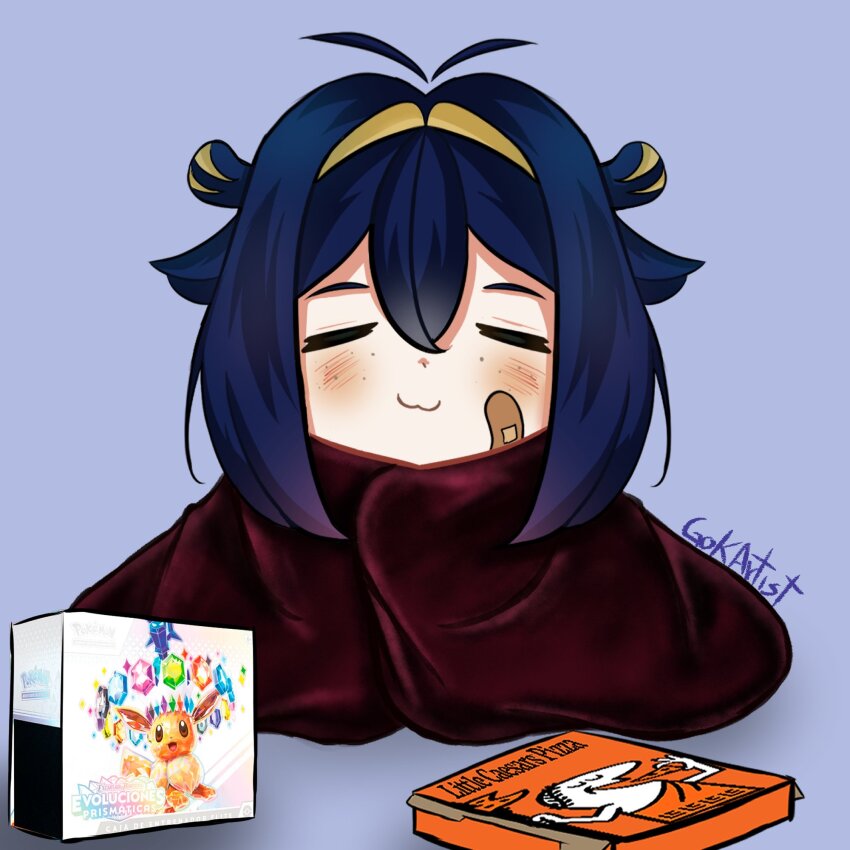 1girl :3 antenna_hair blonde_hair blue_hair blush box chibi closed_eyes closed_mouth crayon_(vtuber) eevee gen_1_pokemon gokartist highres indie_virtual_youtuber little_caesars multicolored_hair nintendo pizza_box pokemon sleeping smile solo terastallization two-tone_hair wrapped_in_blanket