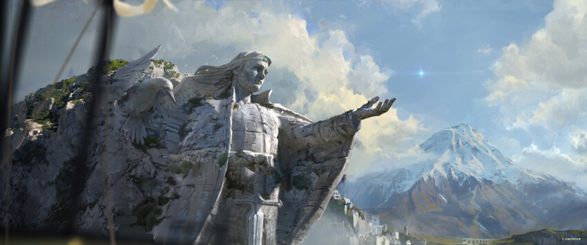 absurdres blurry blurry_foreground canyon city cloud cloudy_sky fantasy highres mountain mountainous_horizon no_humans numenor official_art renart rings_of_power scenery sky star_(sky) statue tolkien&#039;s_legendarium watermark