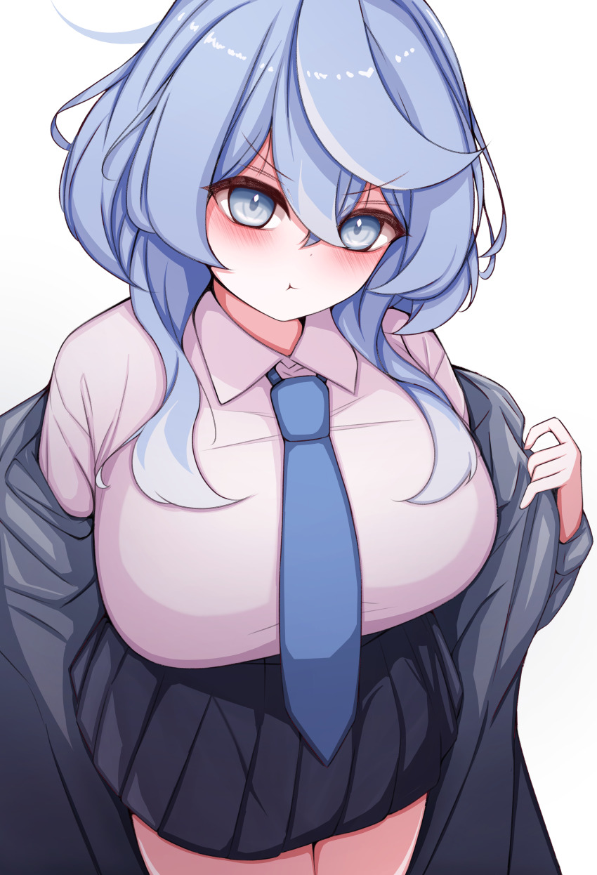 1girl :t absurdres ako_(blue_archive) black_coat black_skirt blue_archive blue_eyes blue_hair blue_necktie blush breasts coat commentary_request gbr20210907 halo highres huge_breasts looking_at_viewer necktie open_clothes open_coat pleated_skirt school_uniform shirt simple_background skirt solo white_background white_shirt